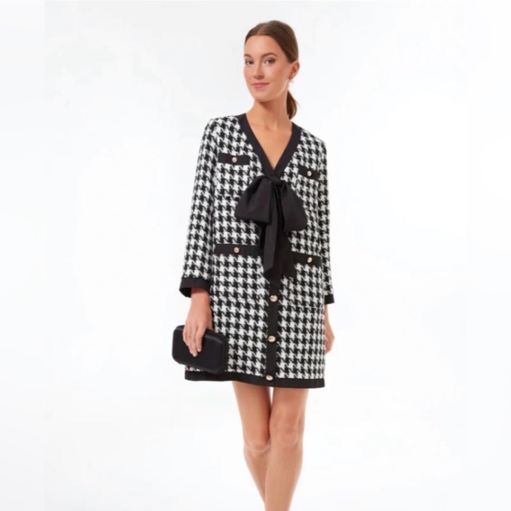 Tuckernuck Pomander Place Coco Tweed Bow Dress Houndstooth Black White Size XS